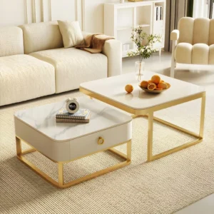 ECONODECOR Modern Sqaure Marble Look Set of Coffee Table 2 Piece