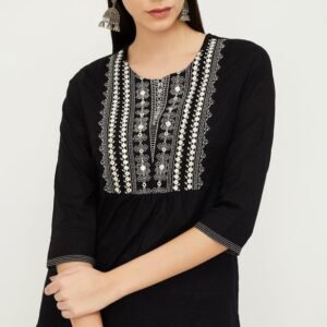 Straight Fit Kurta with Embroidered Yoke for Women