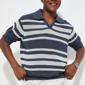 URB_N Men Oversized Striped Knit Polo T-shirt