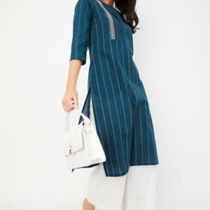 Women’s Straight-Cut Kurta with Stripes and Embroidery