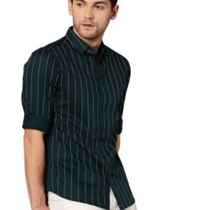 Men’s T-Green Striped Slim Fit Cotton Casual Shirt