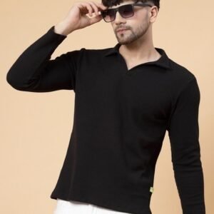 Rigo Men's Black Textured Waffle Knit Polo T-shirt