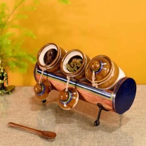 Chatore Blue and Natural Glass and Wood 4 Pcs Storage Jar