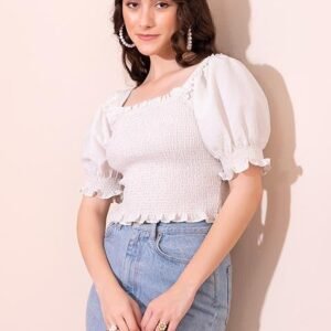 White Puff Sleeve Crop Top with Smocked Bodice