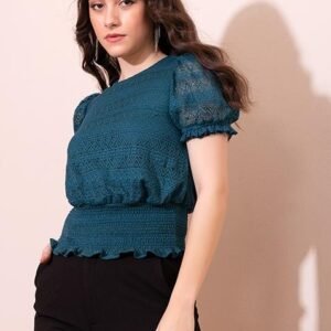 Teal Lace Crop Top with Smocked Waist