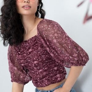Ruched Floral Crop Top in Wine for Women