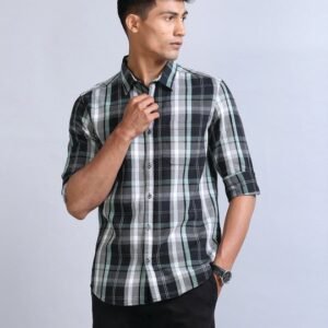 Slim Fit Black and White Corduroy Check Shirt for Men