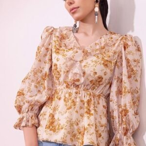 Yellow Peplum Blouse with Floral Print and Ruffled Neckline