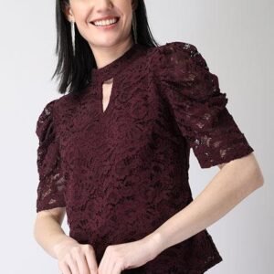 Wine Lace Top with Stylish Cut-Out Neckline