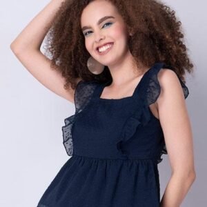 Frill-Sleeved Blue Top with Stylish Back Tie