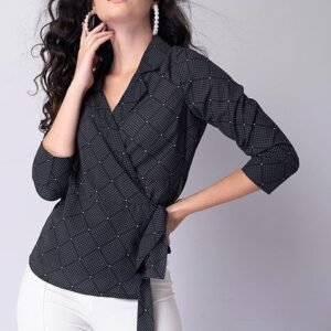 Polka Dot Wrap-Style Shirt with Classic Lapel Collar