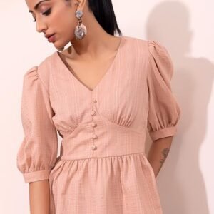 Striped Peach Top Featuring Puff Sleeves and Peplum Hem