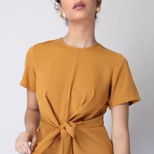 Stylish Mustard Wrap-Style Top with Knot Accent