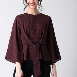 Wine Peplum Top with Front Knot and Flared Sleeves