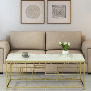 Metal Coffee Table In Matte Gold Finish With Porcelain Top,