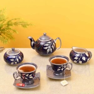 Blooming Leaves Royal Blue Ceramic 4 Pcs Tea Set,