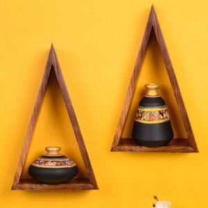 Madhubani Wood & Terracotta Wall Shelve with Vase,