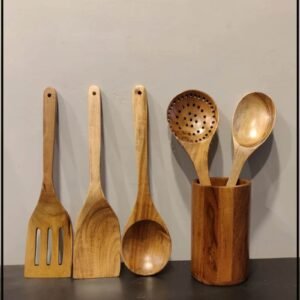 Brown Wood 6 Pcs ladles with Spoon Holder