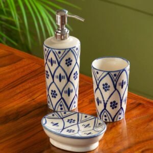 Moroccan Floral White & Blue Ceramic (Set of 3) Bath Set