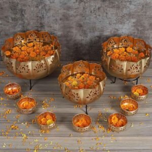 Gold Iron Big Lotus Urli With Stand & Bowls, Set Of 10