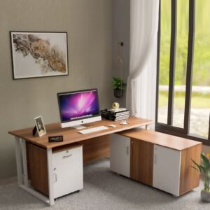 Macro Executive Desk In Leon Teak Finish With File Cabinate