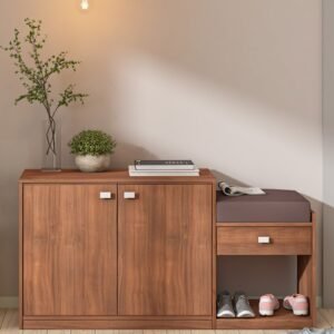 Kutsu Shoe Rack with Seating in Natural Teak Finish