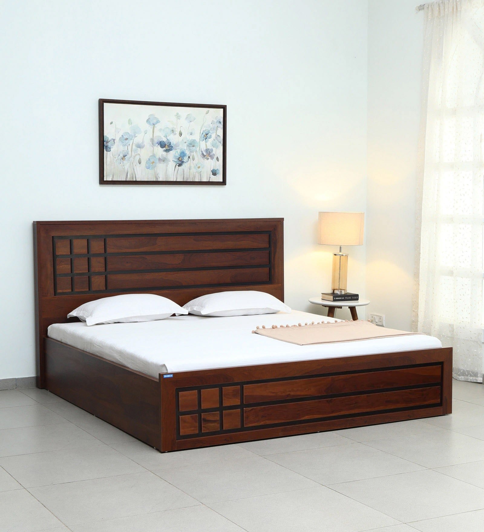 Kosmo Boston King Size Bed in Sheesham Finish with Hydraulic Storage
