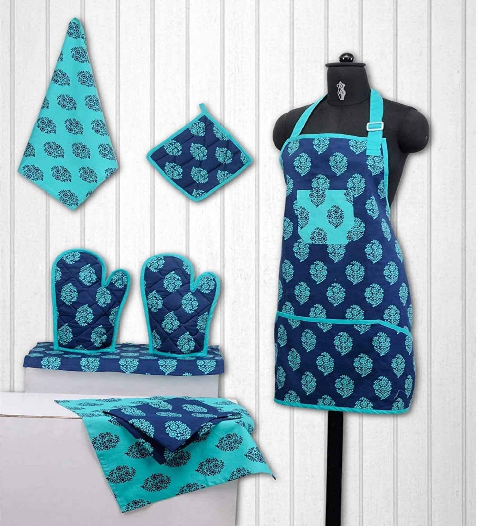Indian Motif Blue Cotton (Set of 8) Kitchen Linen Set