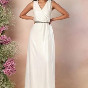 Elegant Ivory Wrap Gown in Metallic Finish with Embellished Waist