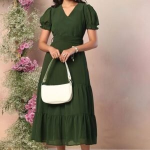 Olive Green Midi Dress with V-Neckline and Tie-Up Belt
