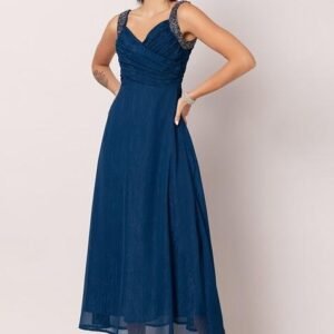 Blue Maxi Dress with Gathered Detailing and Embellished Straps
