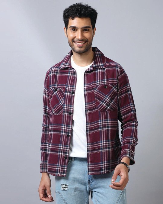 Men’s Checked Shirt in Wine Maroon