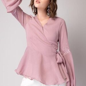 Light Pink Wrap Top with Embellished Sleeves