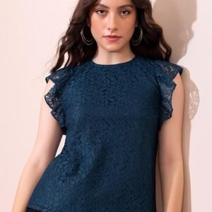 Teal Lace Ruffle Sleeve Top for a Feminine Look