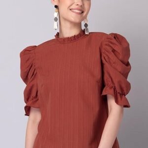 Rust Blouse with Frilled Neckline and Puff Sleeves
