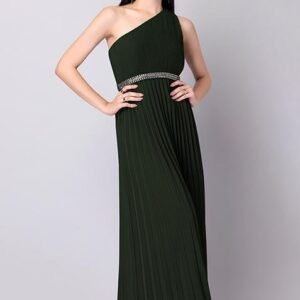 Olive Maxi Dress with One-Shoulder Design and Embellished Belt