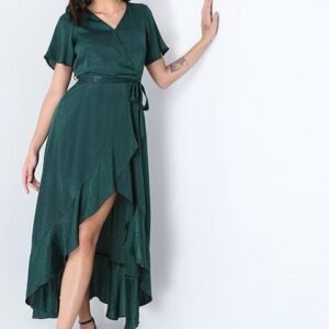 Green Wrap Midi Dress with Self Design, Ruffles, and Belt