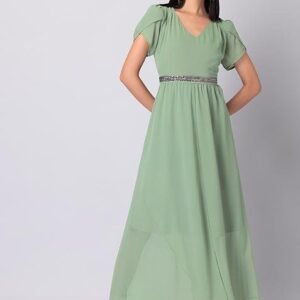 Green Full-Length Dress with Embellished Belt and Delicate Tulip Sleeves