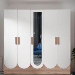 Opera 5 Door Wardrobe In Oak & Frosty White Finish With Hidden Storage
