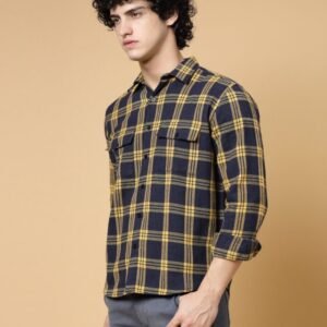 Oversized Flannel Shacket for Men – Navy Blue & Yellow Checks