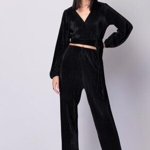 Elegant Black Wrap Peplum Top with Matching Trousers Set