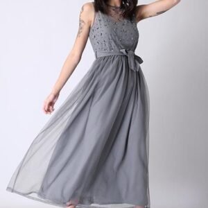 Elegant Grey Mesh Maxi Gown with Embellished Details and Belt