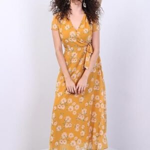 Mustard Floral Wrap Dress with Self-Fabric Belt